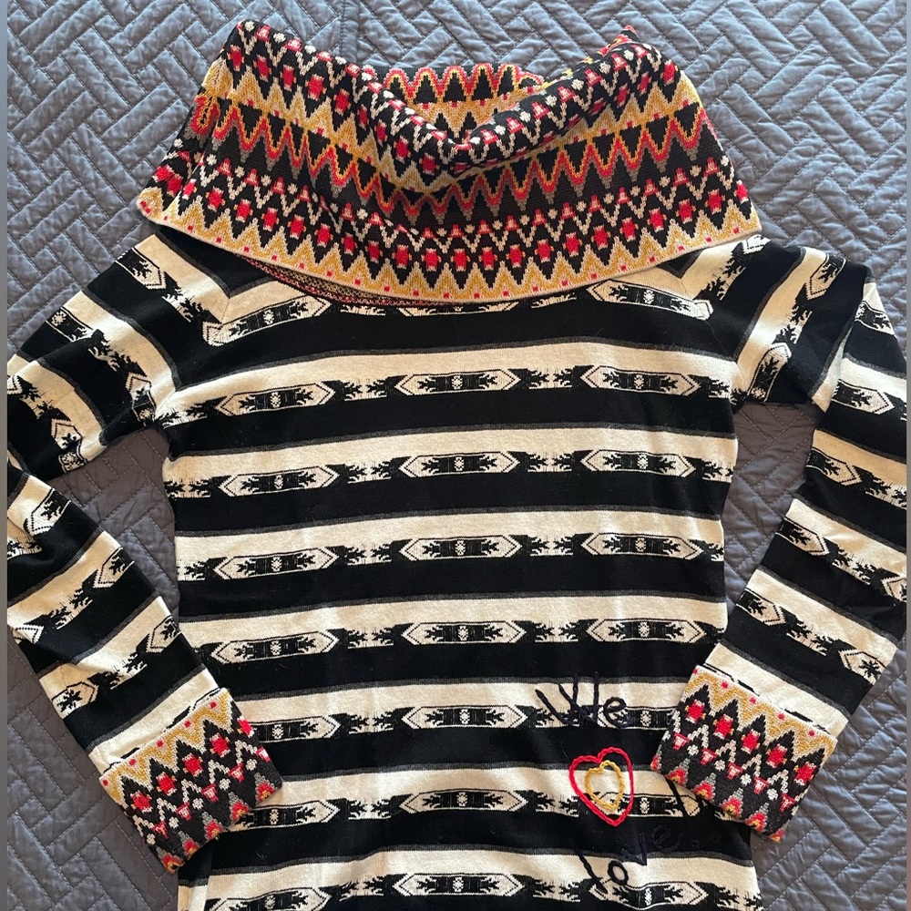 Desigual black and white striped sweater - we love!! Embroidered on hip